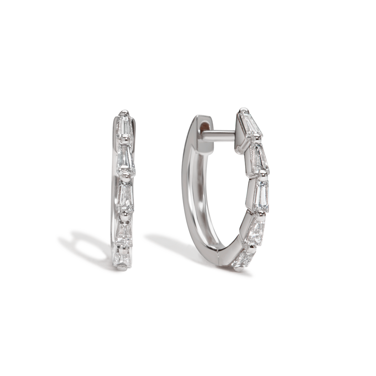 14K White Gold baguette huggie diamond hoops