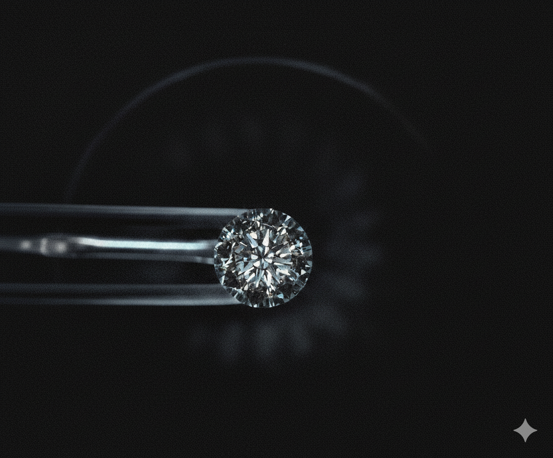Diamond held by tweezers against a dark background
