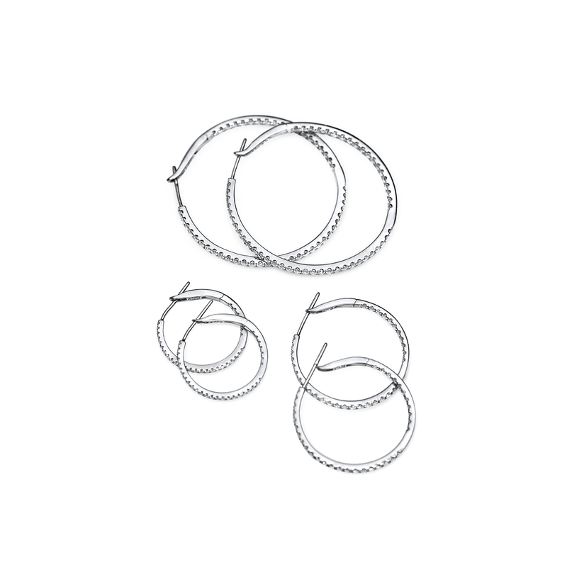 14K White Gold In and Out Diamond Hoops