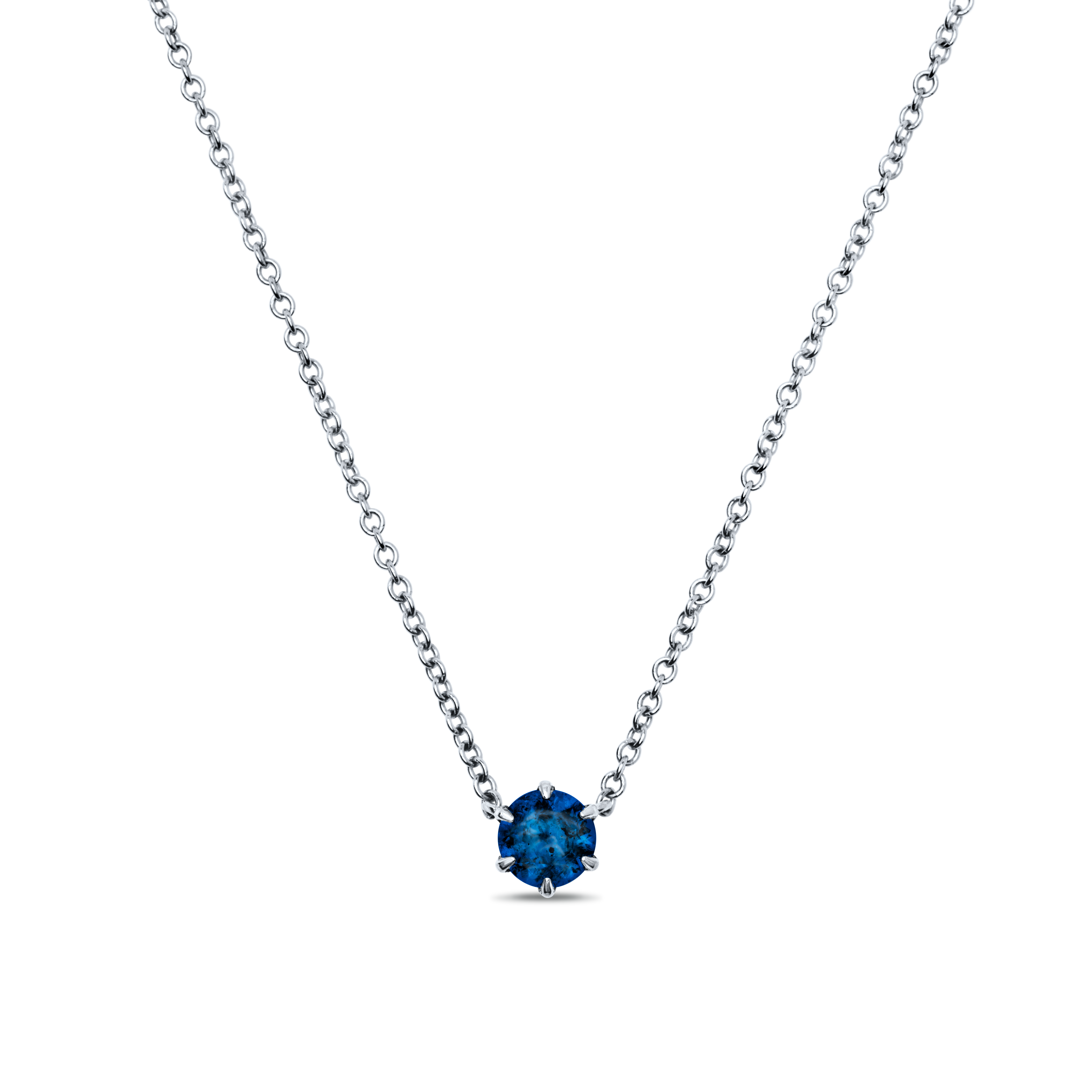 14K White Gold round blue sapphire necklace