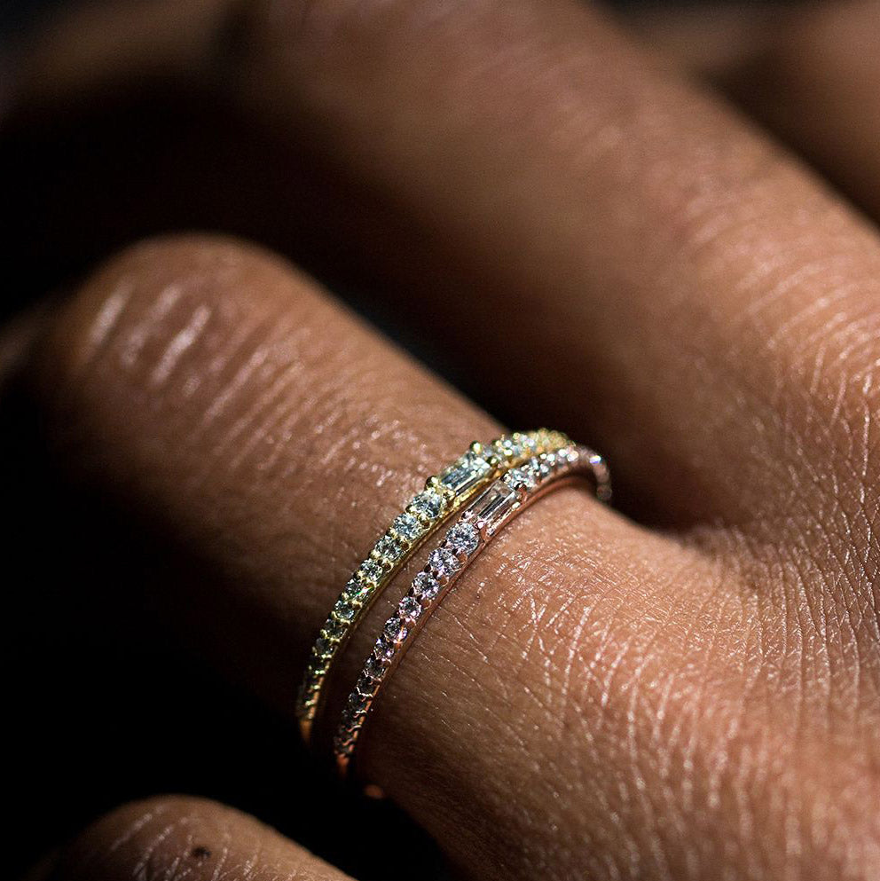 Lamont designer diamond band with baguette and tapering round diamonds in gold