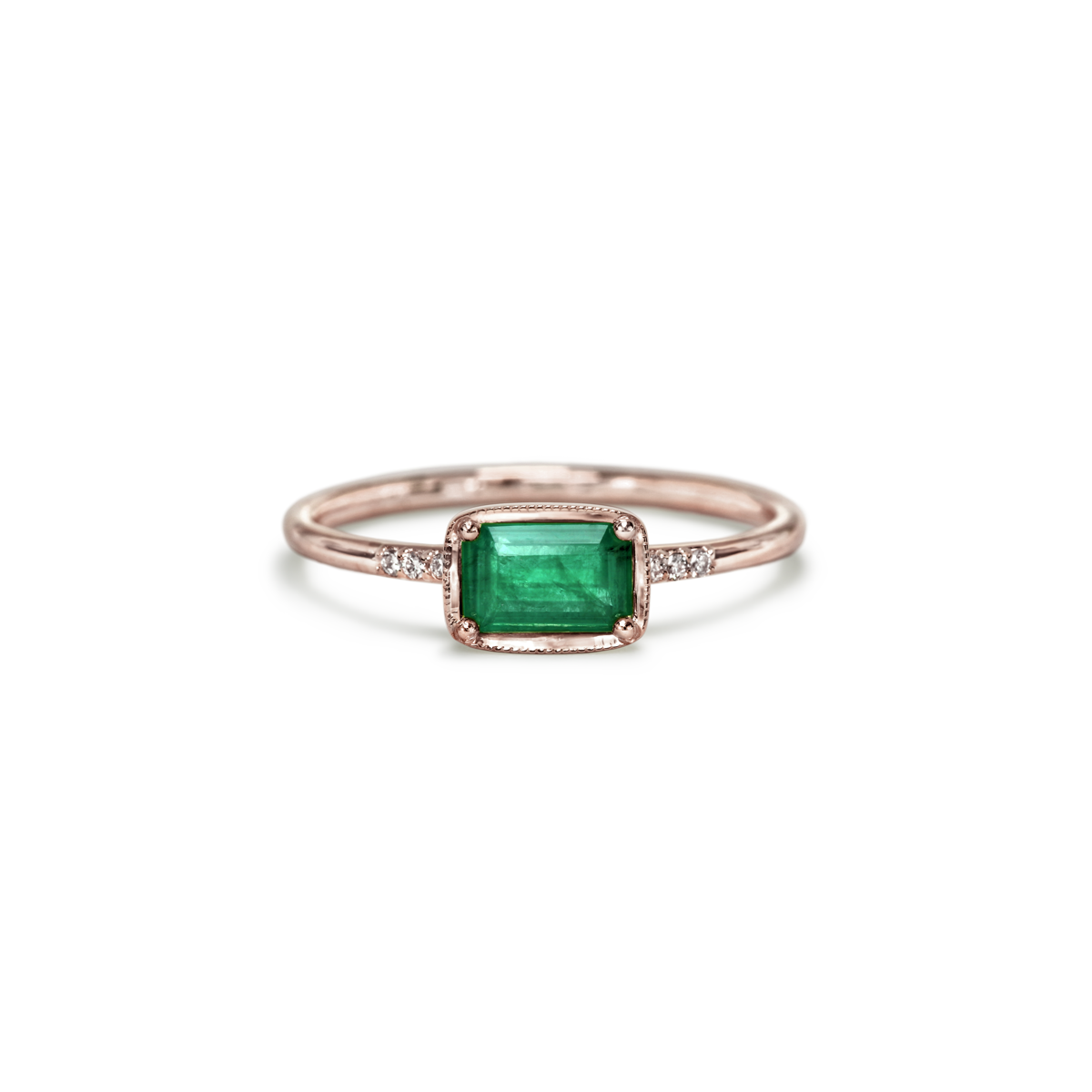 #color_14K Rose Gold East West Emerald Diamond Ring