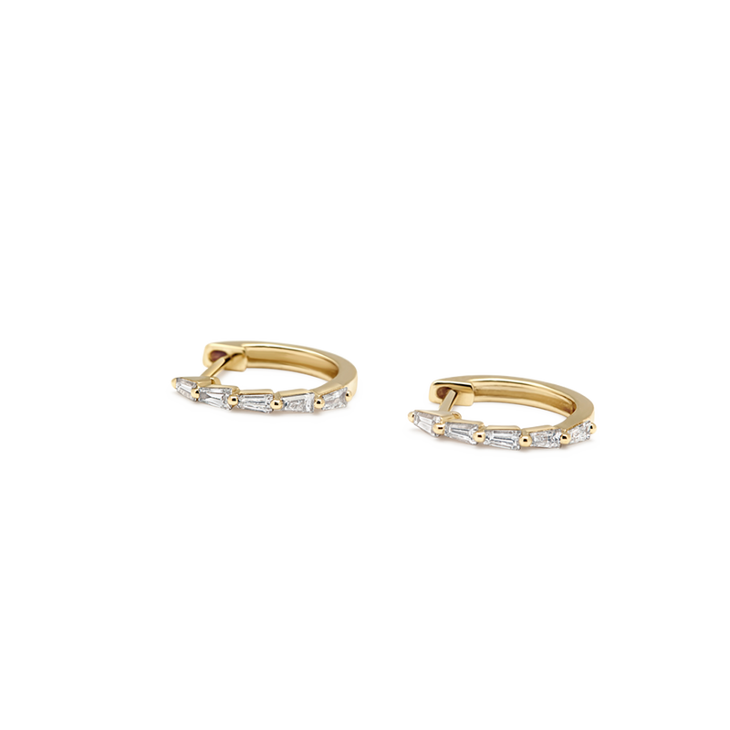 14K Yellow Gold baguette huggie diamond hoops