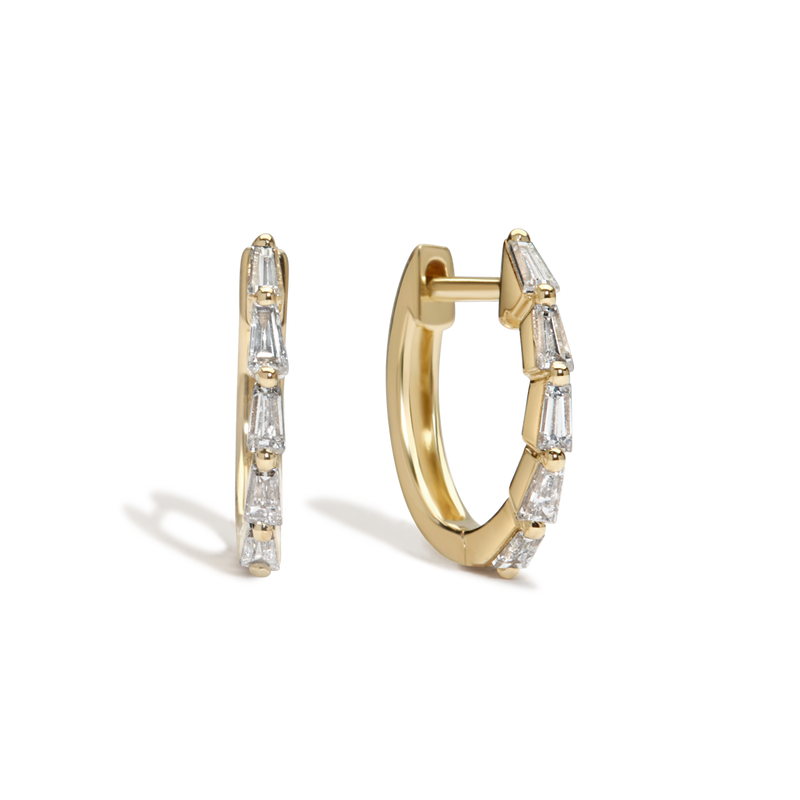 14K Yellow Gold baguette huggie diamond hoops