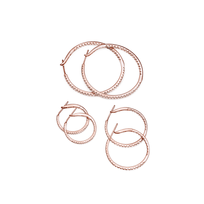 14K Rose Gold In and Out Diamond Hoops