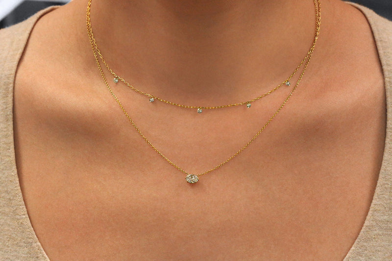 14K Gold Oval Diamond East West Pendant Necklace