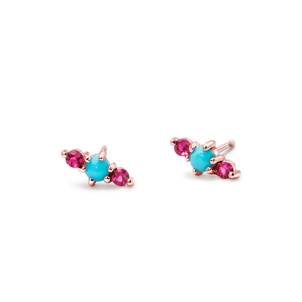 14K Rose Gold Ruby Turquoise Studs