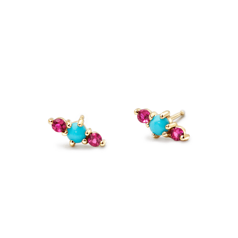 14K Yellow Gold Ruby Turquoise Studs