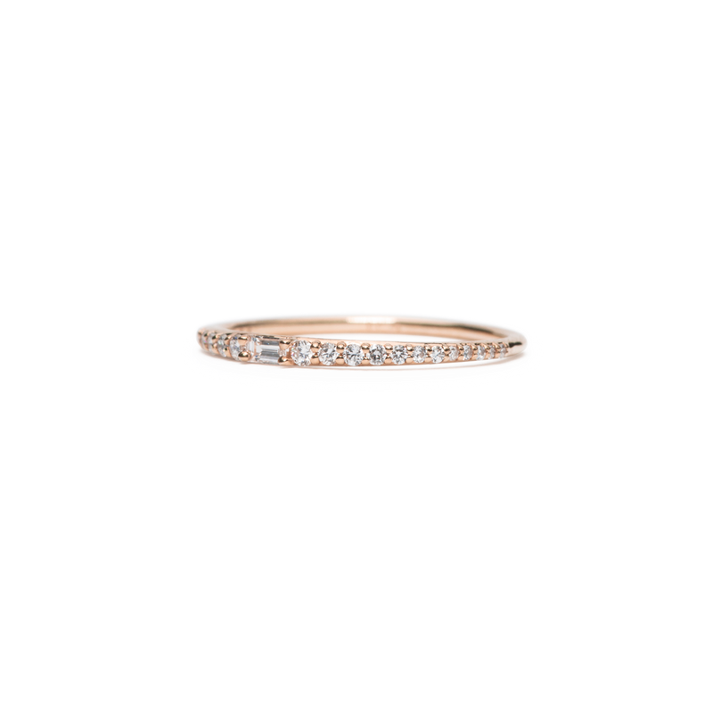 14K Rose Gold Lamont designer diamond band with baguette and tapering round diamonds in gold
