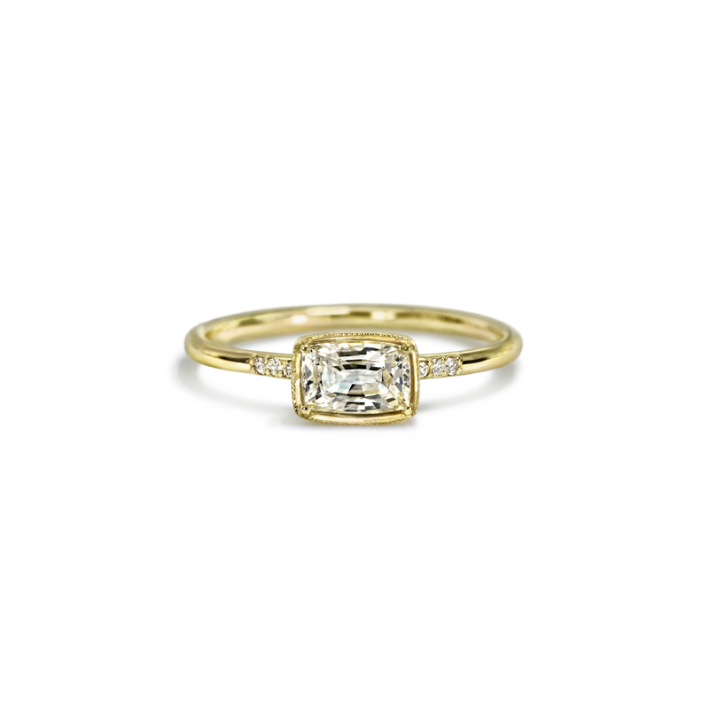 White Sapphire Ring in Linear Hammered Silver and Yellow Gold - EC Design  Jewelry