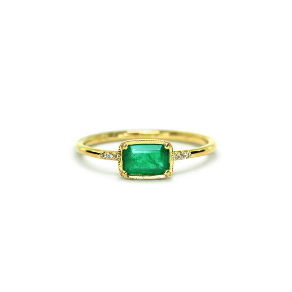 14K Yellow Gold East West Emerald Diamond Ring