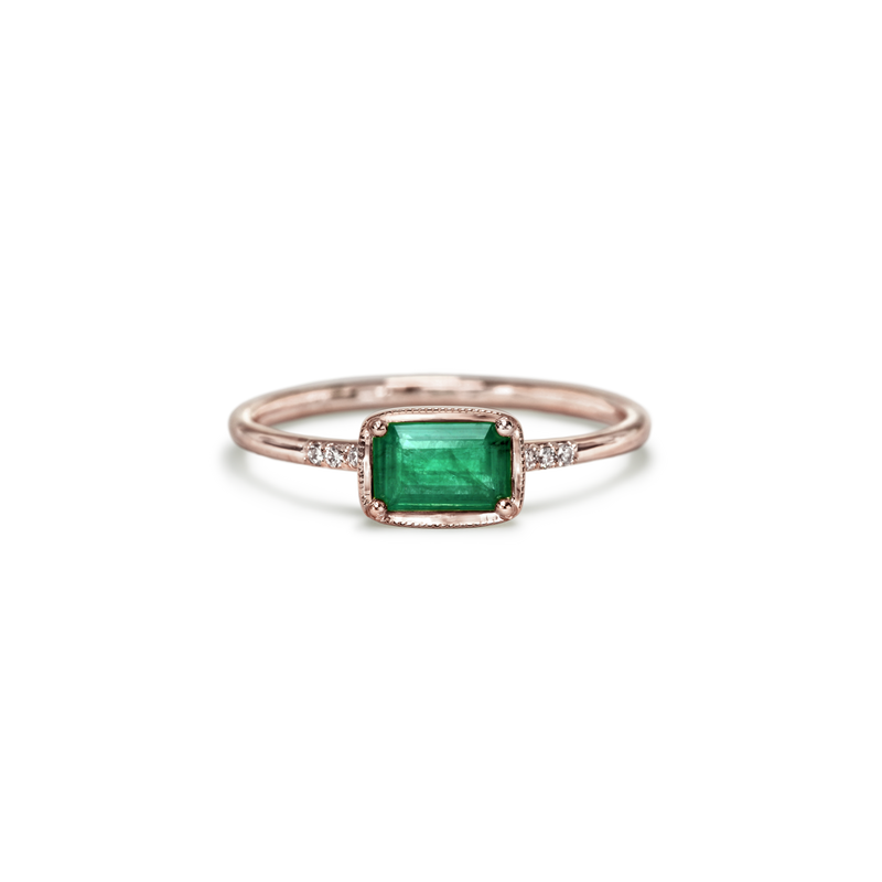 14K Rose Gold East West Emerald Diamond Ring