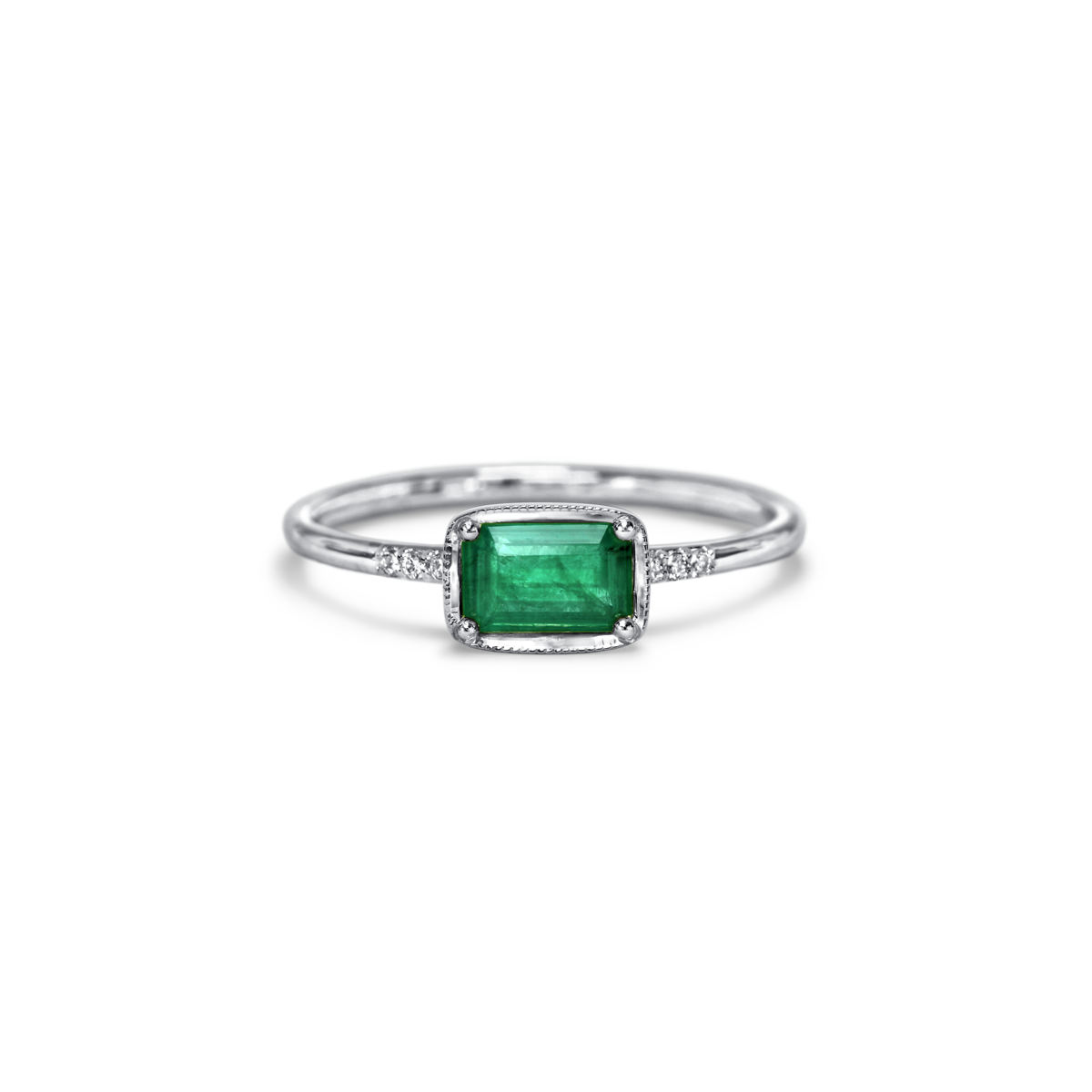 #color_14K White Gold East West Emerald Diamond Ring