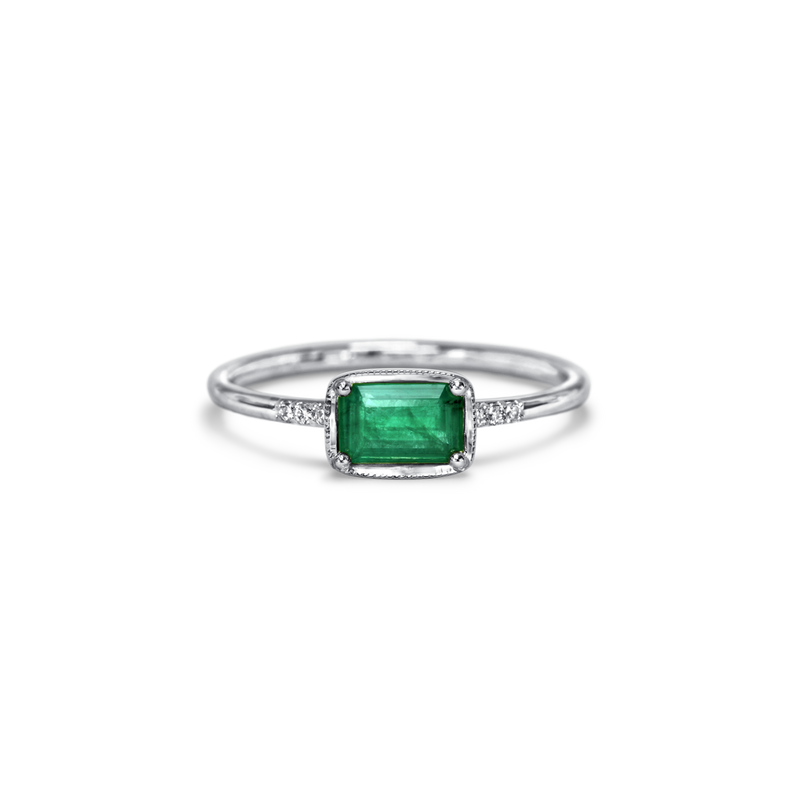 14K White Gold East West Emerald Diamond Ring